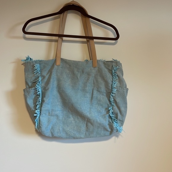 Sun N Sand Beach Bag Denim Frayed Light Blue Tan Zipper - Picture 5 of 11